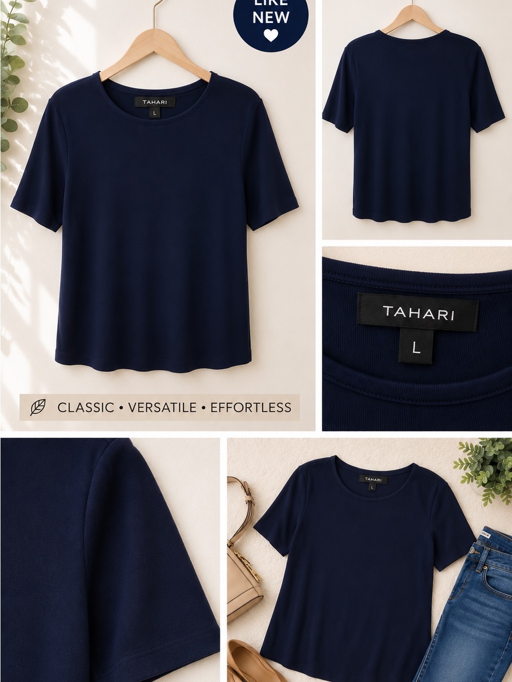 Tahari ASL Navy Short Sleeve Crewneck Tee